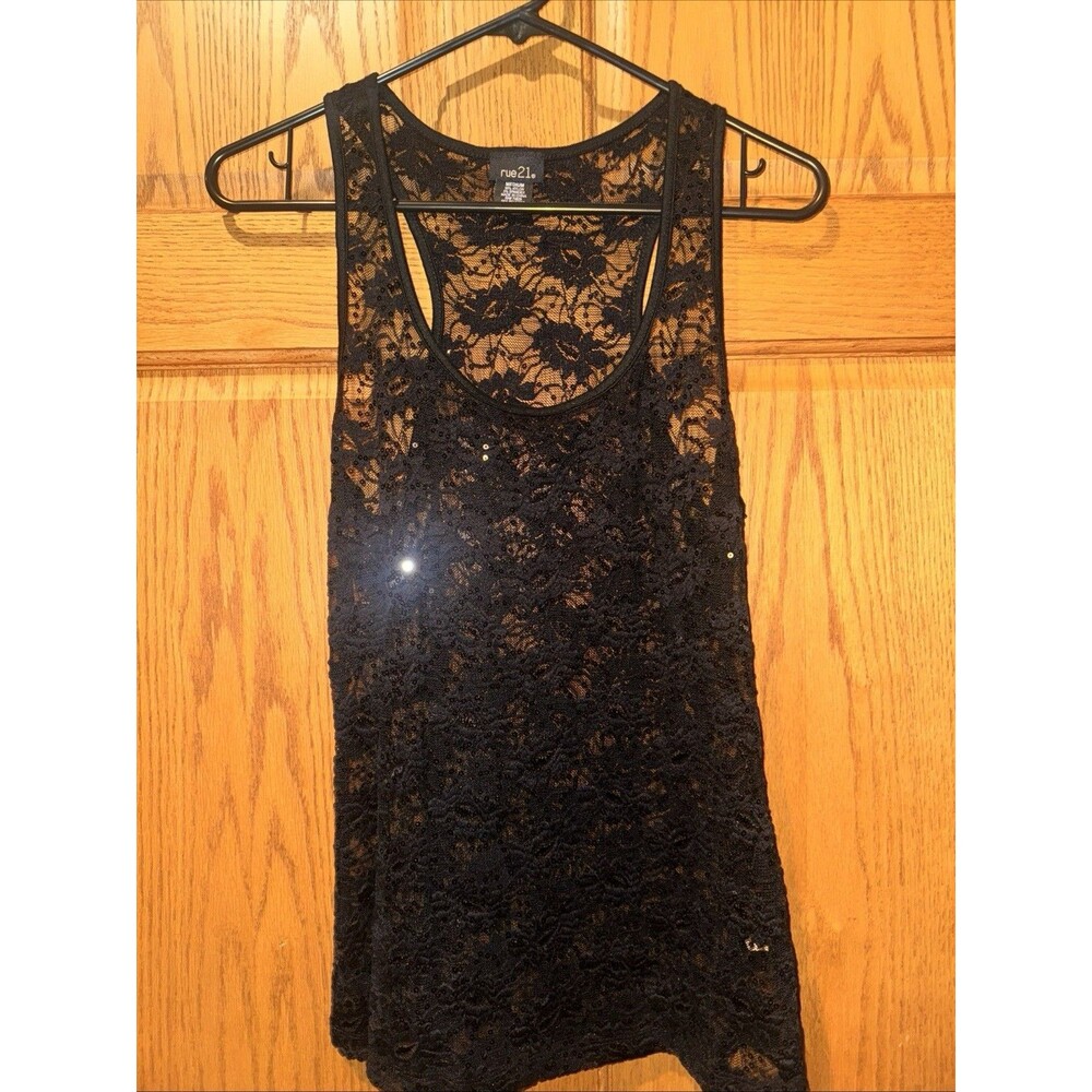 Y2K Semi Sheer Lace Tank Top Romantic Feme Black Whimsy Goth Racer Back Medium